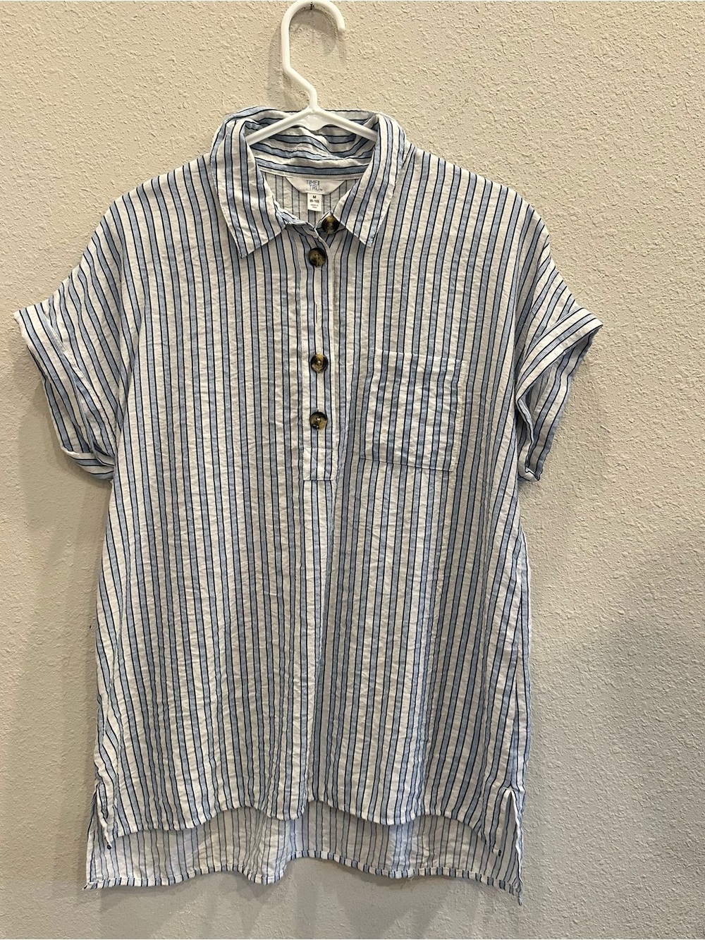 Time and Tru Striped Button Shirt Medium Blue White Coastal Preppy